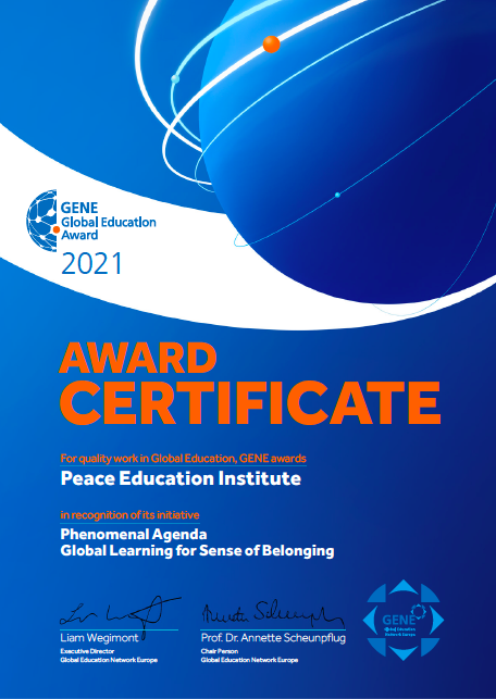 Blue certificate with blue planet-like picture. Red text Award Certificate.