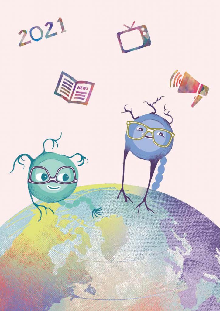 Animated Neu and Nor are standing on top of a colourful globe.