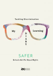 The white cover of the book that has colourful glasses on the cover.