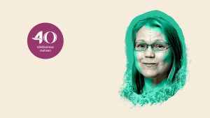 Elina Lehtomaki on graafisesti tyylitelty vihreällä värillä.