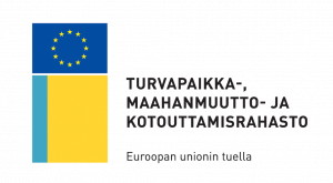 AMIF-rahaston tunnus. EU-lippu, jonka alla on keltaturkoosi palkki ja sanat Turvapaikka-, maahanmuutto ja kotouttamisrahoitus Euroopan unionin tuella.