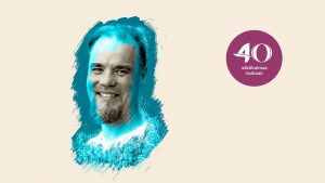 Antti Rajala on graafisesti tyylitelty sinisellä värillä.