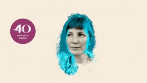 Heli Pekkonen on graafisesti tyylitelty sinisellä värillä.