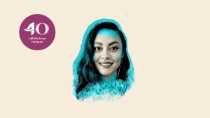 Jasmine Kelekay on graafisesti tyylitelty sinisellä värillä.