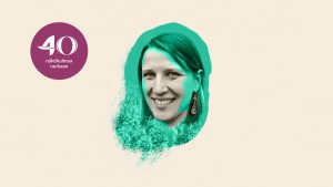 Kati Pietarisen pää on graafisesti tyylitelty vihreällä värillä.