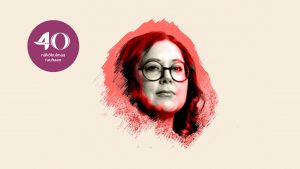Tuuli Kurki on graafisesti tyylitelty punaisella värillä.