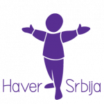 Logo of Haver Srbija. A purple character is raising its hands up while standing.
