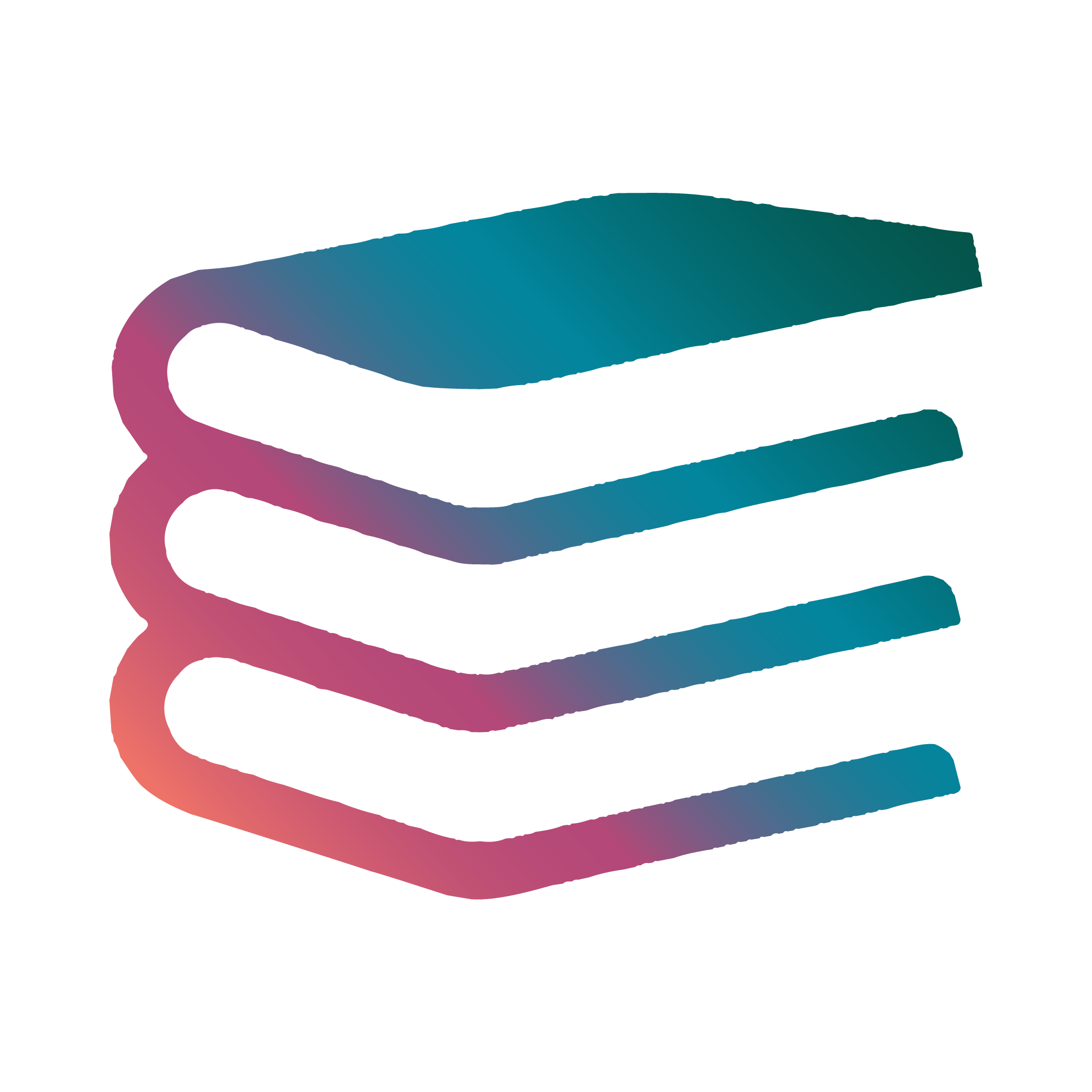 Kirjapino-logo jossa eri sävyjä pinkistä oranssiin ja turkoosiin.