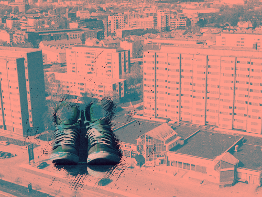 An illustration of a pair of shoes with an urban landscape in the background.