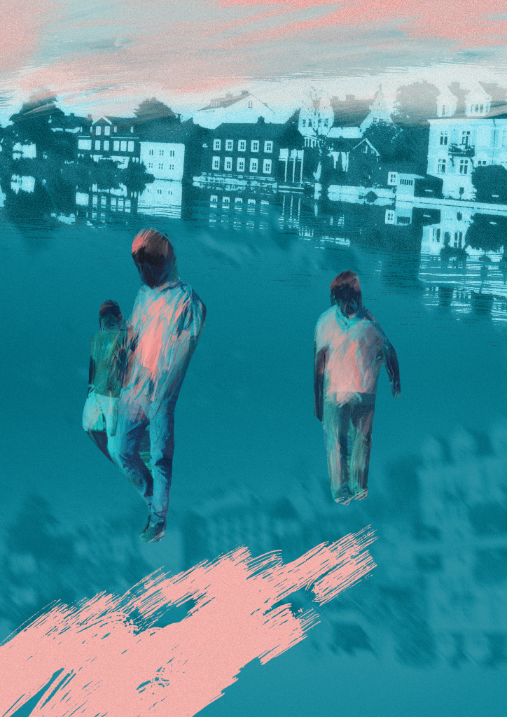 An illustration of three people on the move with an urban landscape in the background.