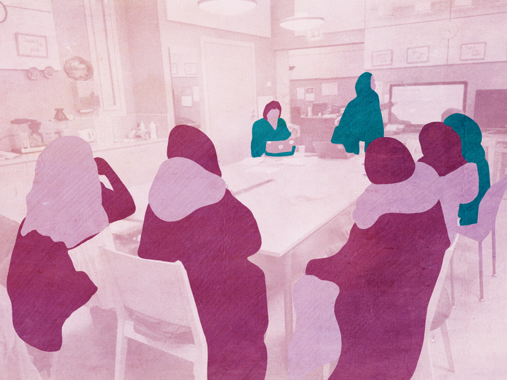 An illustration of people sitting around a table.