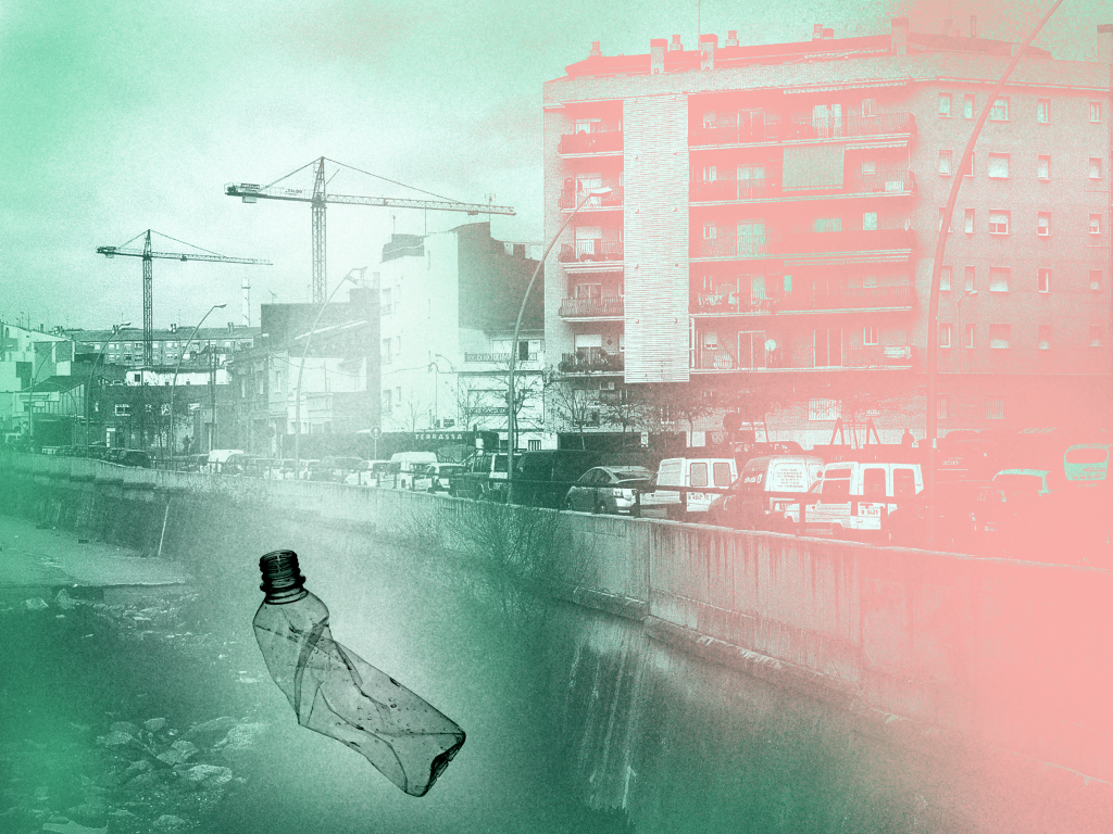 An illustration of a crushed plastic bottle with an urban landscape in the background.