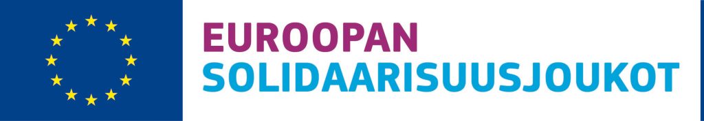 Euroopan unionin lippu ja teksti "Euroopan solidaarisuusjoukot" violetilla ja sinisellä fontilla valkoisella taustalla.
