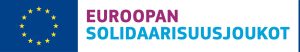 Euroopan unionin lippu ja teksti "Euroopan solidaarisuusjoukot" violetilla ja sinisellä fontilla valkoisella taustalla.