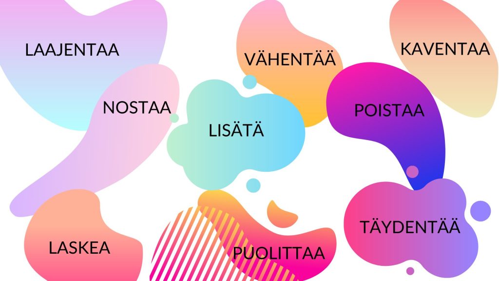 Värikkäissä kuplissa lukee sanat laajentaa, nostaa, lisätä, vähentää, kaventaa, poistaa, laskea, puolittaa, täydentää.