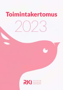 Toimintakertomus 2023 kuvassa vaaleanpunainen pulu ja rauhankasvatusinstituutin logo.