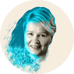 Eeva-Liisa Kiiskelän kasvokuva turkoosilla graafisella koristeella.