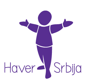 Logo of Haver Srbija. A purple character is raising its hands up while standing.