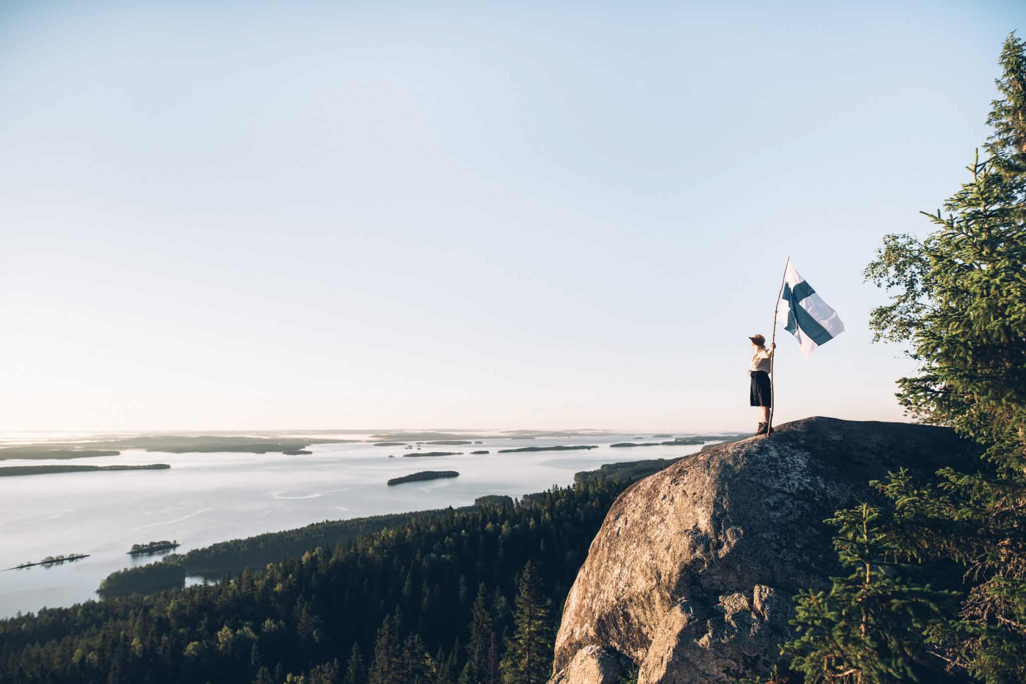Kolin kalliolla seisoo ihminen, joka pitää Suomen lippua. Hänen vasemmalla puolellaan alarinteessä aukeaa näkymä Saimaalle, ja järvessä on silmänkantamattomiin saaria, joissa kasvaa metsää.