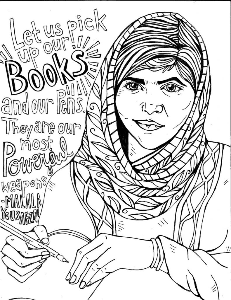 Värityskuva Malala Yousafzaista. Hän kirjoittaa muistikirjaan ja kuvassa lukee: [EN] Let us pick up our books and our pens. They are our most powerful weapons.