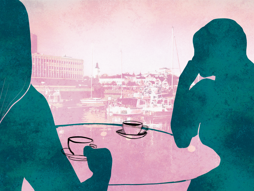 An illustration of two people having coffee.